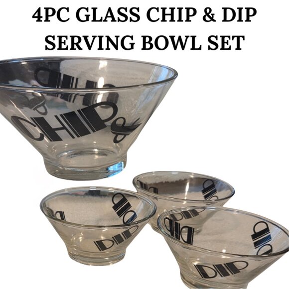 4PC GLASS CHIP & DIP BOWL SERVING SET - 1 LARGE CHIP & 3 SMALLER DIP BOWLS - Picture 1 of 2